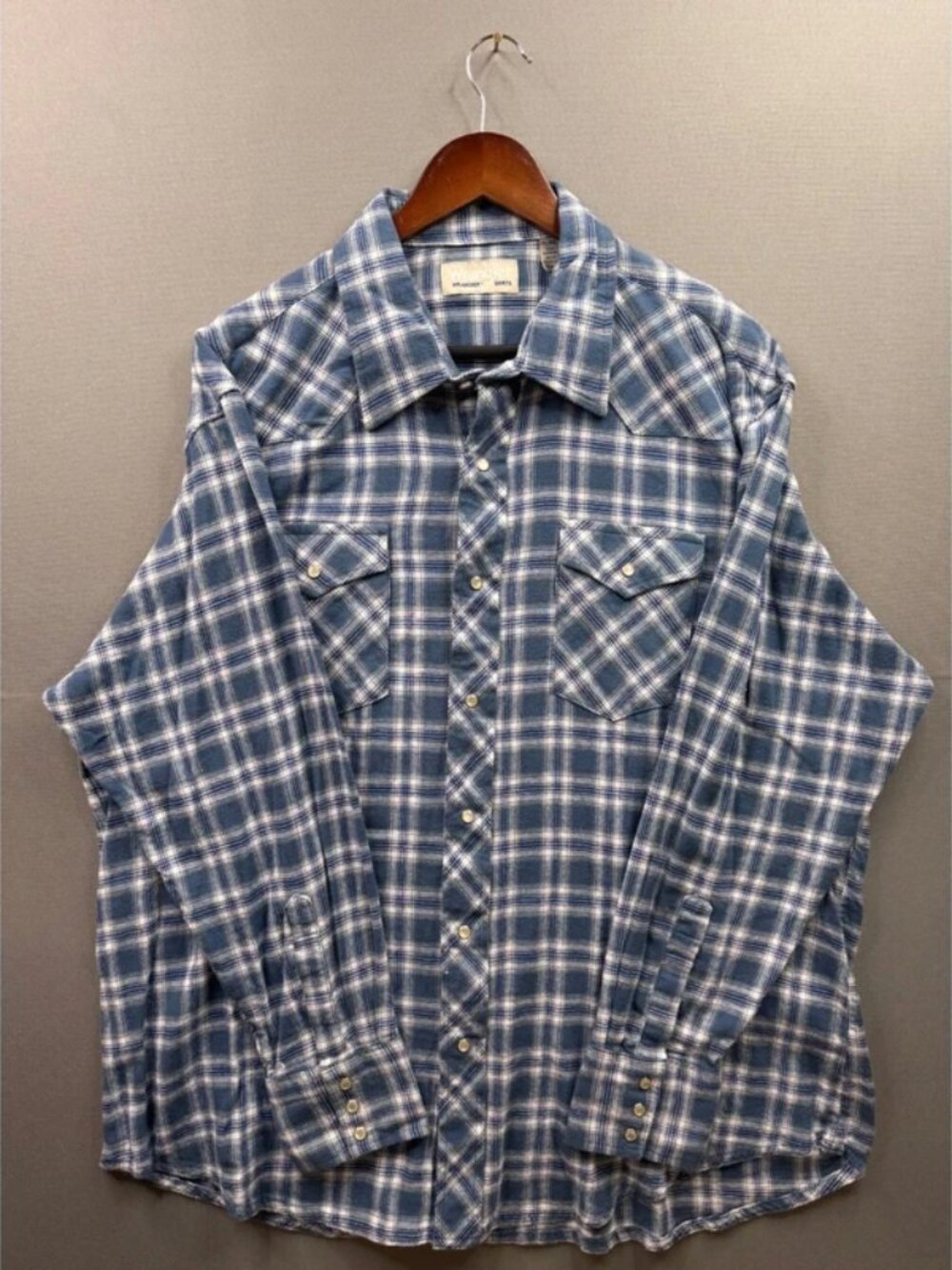 Wrangler Wrancher Western Shirt Mens Blue White Plaid Pearl Snap XXL